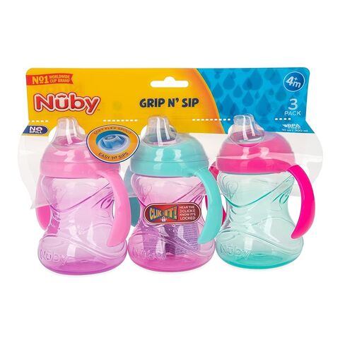 Nuby Clik-It Grip N' Sip Soft Spout No-Spill Training Sippy Cup with Handles - (3-Pack) 10 oz - 4+ Months - Aqua/Purple/Pink in Kuwait