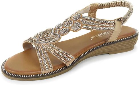 Women Open Toe Rhinestone Flat Sandals Elastic Ankle Strap Bohemian Dressy Sandals for Women in Saudi Arabia