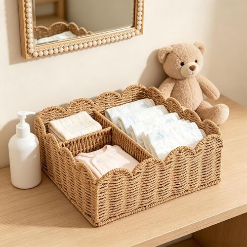Rattan Divided Scalloped Basket,Wicker Diaper Caddy Scalloped Baske,Woven Natural Basket with 4 Dividers,Suitable for Baby Rooms, Bathrooms, Bedrooms (Paper Rope) in Saudi Arabia