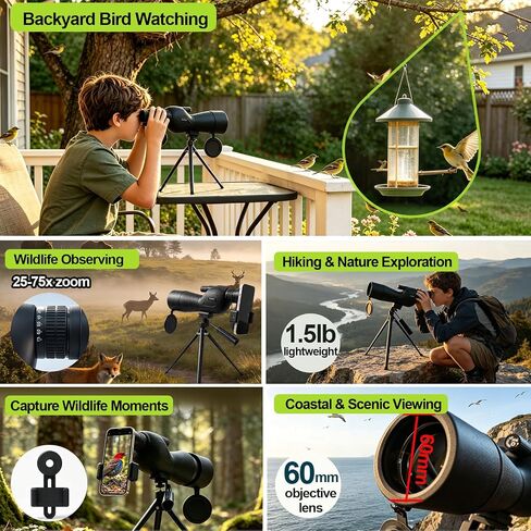 25-75x60 Spotting Scope for Bird Watching, Lightweight Telescope with Tripod & Phone Adapter, Powerful Zoom Scope for Wildlife Viewing, Nature Observation and Outdoor Adventures in Saudi Arabia