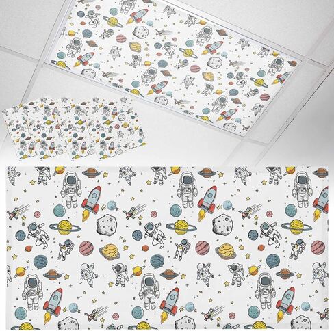 Cartoon Space Fluorescent Light Covers, 4x2 Feet Magnetic Light Filters for Classroom Office, 2 Pcs Funny Cute Rocket Planet Shades Covers for Ceiling Lights Drop Home Decor in Kuwait