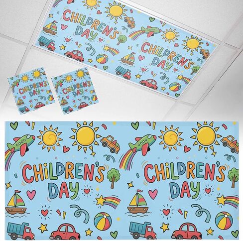 Blue Children's Day Fluorescent Light Covers, 4x2 Feet Magnetic Light Filters for Classroom Office, 3 Pcs Car Tree Stars Modern Abstract Art Cartoon Shades Covers for Ceiling Lights Drop Home Decor in Kuwait