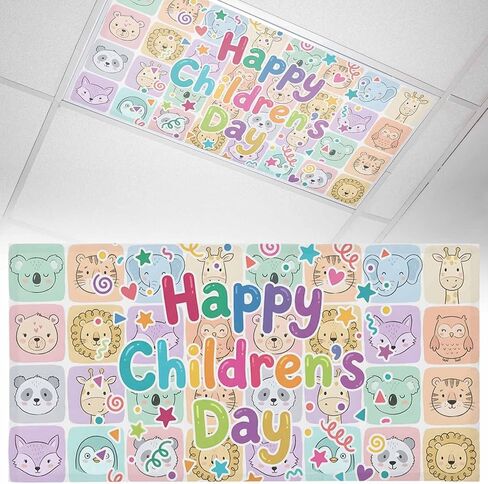 Happy Children's Day Fluorescent Light Covers, 4x2 Feet Magnetic Light Filters for Classroom Office, 1 Pc Cartoon Curtain Animals Shades Covers for Ceiling Lights Drop Home Decor in Kuwait