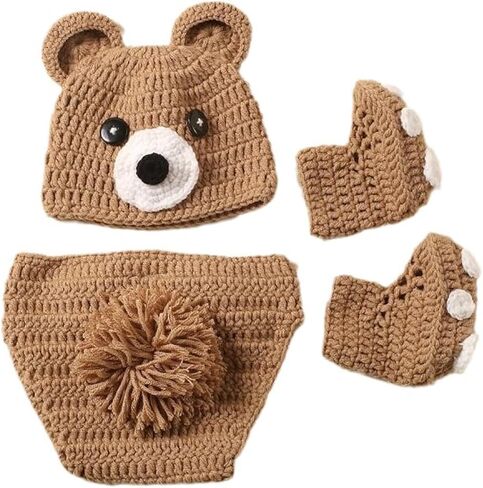 3Pcs Bear Newborns Photography Costume Soft and Warm Knitting Outfit with Matching for Baby Photo Shoots in Kuwait