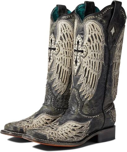 CORRAL LADIE'S BLACK CROSS & WINGS OVERLAY & EMBROIDERY & STUDS SQ. TOE, LEATHER SOLE, WESTERN A4243 in Saudi Arabia