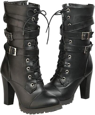 Caradise Womens Lace Up Mid Calf Goth Chunky Heel Combat Boots with Buckles in Kuwait