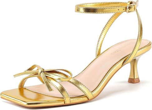Kitten Heels with Bow Strappy Heels for Women Low Short Square Open Toe Heeled Sandals in Kuwait