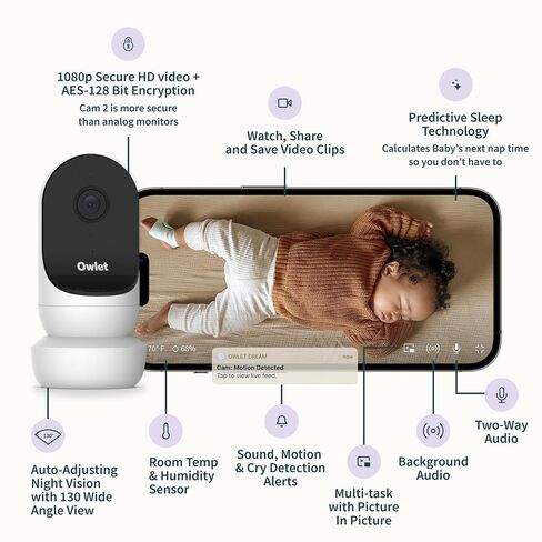 Owlet Cam 2 (Gen 2) Smart Baby Monitor – HD Video Camera with Night Vision, 4X Zoom & Wide-Angle View, Two-Way Talk, Sound & Motion Alerts, Temp & Humidity Sensor, Encrypted WiFi | White in Kuwait