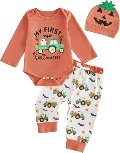Newborn Baby Boy Halloween Outfit Letter Pumpkin Romper Long Pants with Hat | My First Halloween Baby Boy Outfit Pumpkin Embroidery Bodysuit Casual Pants Toddler Infant Fall Winter Clothes in Saudi Arabia
