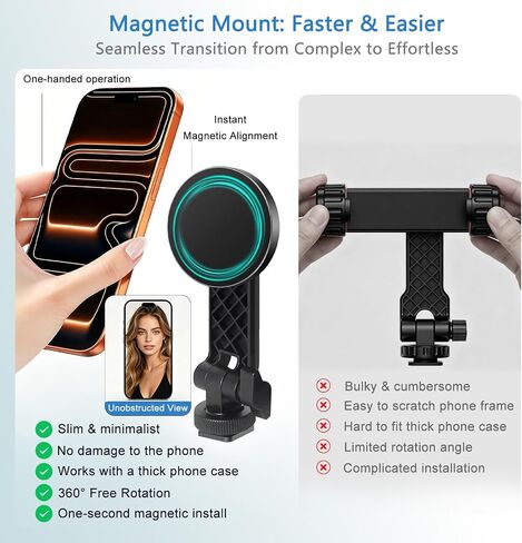 Magnetic Phone Holder Mount for DJI Osmo Pocket 3, 4 Accessories | N55 Strong Magnets, Adjustable Stand w 1/4" Threads for Tripod/Extension Rod, Expand Camera View for Vlog & Travel Shooting in Saudi Arabia