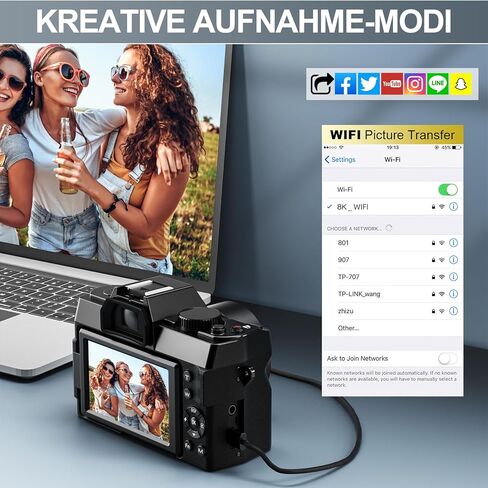 8K Digital Cameras for Photography, 64MP vlogging Camera with 180°Flip Screen，2 Batteries, 64GB TF Card，16X Zoom, WiFi,Microphone, Wide & Macro Lens Kit (Black) in Kuwait