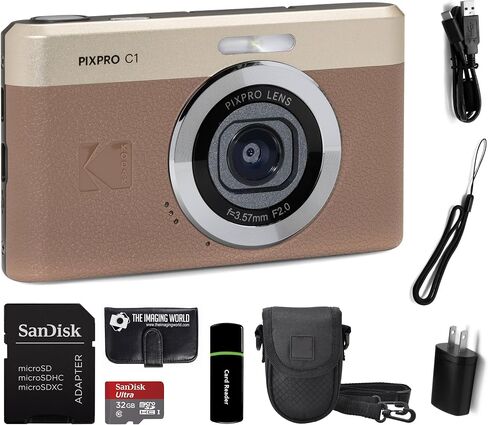 Kodak PIXPRO C1 Compact Digital Camera Brown 13MP Compact Point and Shoot with 2.8" 180° Tilt LCD Flip Screen, 4X Zoom and 1080P Full HD Video for Travel, Vlogging + Case, 32GB Card and Reader Bundle in Kuwait