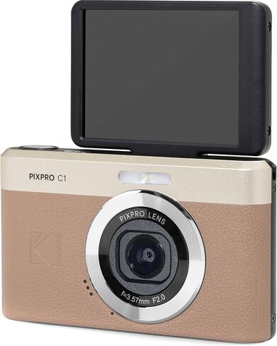 Kodak PIXPRO C1 Compact Digital Camera Brown 13MP Compact Point and Shoot with 2.8" 180° Tilt LCD Flip Screen, 4X Zoom and 1080P Full HD Video for Travel, Vlogging + Case, 32GB Card and Reader Bundle in Kuwait
