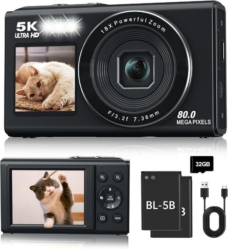 5K Digital Camera, Dual Screens Camera with 18X Digital Zoom, Compact Vlogging Camera for Teens, Beginner-Friendly Gift Pack, 32GB Card & 2 Batteries, Black in Saudi Arabia