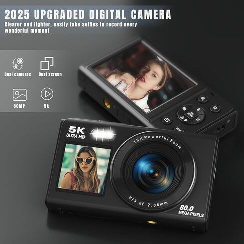5K Digital Camera, Dual Screens Camera with 18X Digital Zoom, Compact Vlogging Camera for Teens, Beginner-Friendly Gift Pack, 32GB Card & 2 Batteries, Black in Saudi Arabia