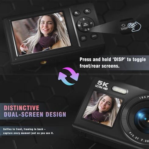 5K Digital Camera, Dual Screens Camera with 18X Digital Zoom, Compact Vlogging Camera for Teens, Beginner-Friendly Gift Pack, 32GB Card & 2 Batteries, Black in Saudi Arabia
