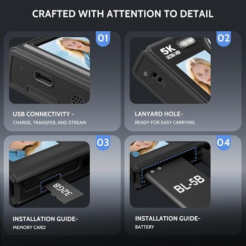 5K Digital Camera, Dual Screens Camera with 18X Digital Zoom, Compact Vlogging Camera for Teens, Beginner-Friendly Gift Pack, 32GB Card & 2 Batteries, Black in Saudi Arabia