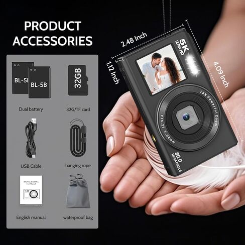 5K Digital Camera, Dual Screens Camera with 18X Digital Zoom, Compact Vlogging Camera for Teens, Beginner-Friendly Gift Pack, 32GB Card & 2 Batteries, Black in Saudi Arabia