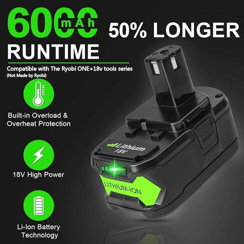 عبوتان من بطارية 18 فولت 6 أمبير متوافقة مع أدوات Ryobi 18 فولت ONE+ | بطارية ليثيوم بديلة تناسب أدوات P102، P103، P104، P105، P107 وP108، مثالية للاستخدام في المنزل وفي ورشة العمل in Kuwait