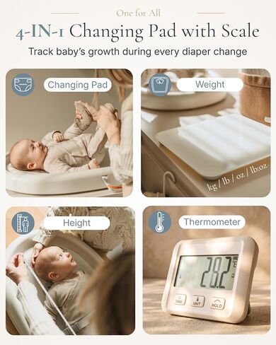 Cuddobaby 4-in-1 Changing Pad | Baby Scale | Height | Room Temp - Vanilla | Weight & Height Growth Monitoring, Integrated Tape, Wipe Clean Cover, for Newborn, Toddler & Adult - Table, Dresser, Bed in Kuwait