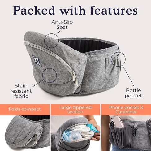 Beco Foldable Hip Seat Baby Carrier, Newborn to Toddler, 4-in-1, Gray | Folds flat to stash in a diaper bag, Supportive Seat eases arm and back strain, adapts easily for ages 0-36 months. in Kuwait