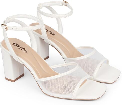 Easyfox White Heels for Women Open Toe Mesh Chunky High Heel Sandals, 7.5 | Breathable Mesh Upper, Square Toe, Chunky Block Heel, Cushioned Insole, Dress Sandals for Dates,Wedding and Daily Outfits in Saudi Arabia