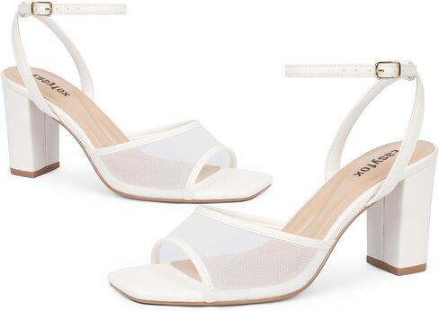 Easyfox White Heels for Women Open Toe Mesh Chunky High Heel Sandals, 7.5 | Breathable Mesh Upper, Square Toe, Chunky Block Heel, Cushioned Insole, Dress Sandals for Dates,Wedding and Daily Outfits in Saudi Arabia