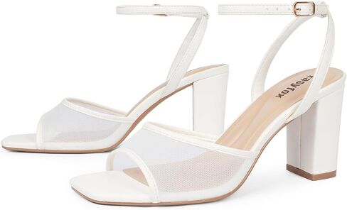 Easyfox White Heels for Women Open Toe Mesh Chunky High Heel Sandals, 7.5 | Breathable Mesh Upper, Square Toe, Chunky Block Heel, Cushioned Insole, Dress Sandals for Dates,Wedding and Daily Outfits in Saudi Arabia