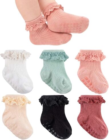 Newborn Baby Girl Ruffle Socks Cotton Ankle Lace Socks 0-3 Months | 6 Pairs Cute New Born Baby Girls 0-3 Months Preemie Non Slip Grip Dress Socks for Baptism Easter Photoshot Outfit Daily Wear in Saudi Arabia