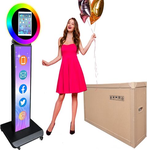 Portable Photo Booth for iPad 10.2" 10.9'' 11'' 12.9'' Shell Stand Selfie Station Customized Logo Photobooth Machine with Round Adjustable RGB LED Light Ring for Events Rental Wedding in Saudi Arabia