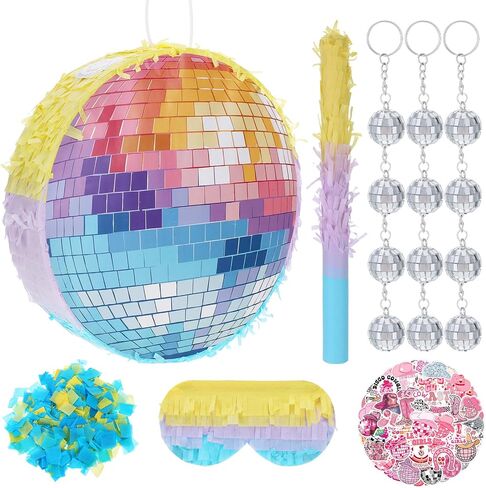 Disco Ball Piñata 12.5 Inch Set with Stick, Satin Blindfold, Decals and Mirror Balls for Party | Piñata for Adults Disco Theme Event Music Lover Celebration Wedding Decoration Photography Props in Kuwait