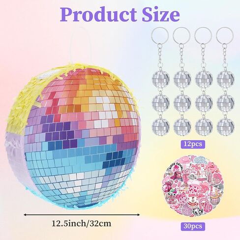 Disco Ball Piñata 12.5 Inch Set with Stick, Satin Blindfold, Decals and Mirror Balls for Party | Piñata for Adults Disco Theme Event Music Lover Celebration Wedding Decoration Photography Props in Kuwait