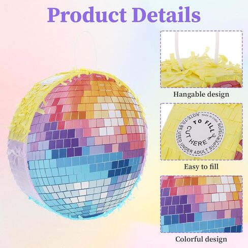Disco Ball Piñata 12.5 Inch Set with Stick, Satin Blindfold, Decals and Mirror Balls for Party | Piñata for Adults Disco Theme Event Music Lover Celebration Wedding Decoration Photography Props in Kuwait