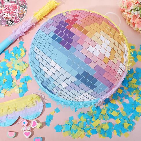 Disco Ball Piñata 12.5 Inch Set with Stick, Satin Blindfold, Decals and Mirror Balls for Party | Piñata for Adults Disco Theme Event Music Lover Celebration Wedding Decoration Photography Props in Kuwait