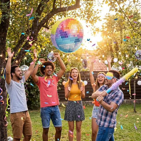Disco Ball Piñata 12.5 Inch Set with Stick, Satin Blindfold, Decals and Mirror Balls for Party | Piñata for Adults Disco Theme Event Music Lover Celebration Wedding Decoration Photography Props in Kuwait