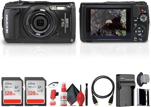 OM SYSTEM Tough TG-7 Digital Camera (Black) (V110030BU000) Bundle Including: 2x 128 GB Memory Card, Rechargeable Battery, Battery Charger, HDMI Cable, Card Reader, Hand Strap, Cap Keeper, Cleaning Kit in Kuwait
