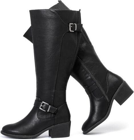 Women's Extra Wide Calf Heeled Knee High Boots. | Wide Width, Winter Boots, Block Heel, Adjustable Buckle, Round toe in Saudi Arabia