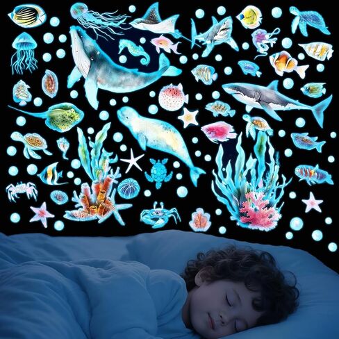 Glow in The Dark Ocean Wall Decals, 4 Sheets Underwater Sea Animal Stickers (Dolphin, Turtle, Jellyfish), Self-Adhesive Kids Bedroom Decor for Boys & Girls, Blue Glow Nursery Wall Art (7.8x11.8in) in Saudi Arabia