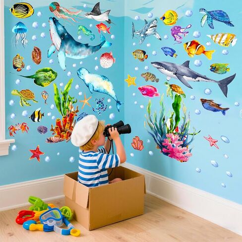 Glow in The Dark Ocean Wall Decals, 4 Sheets Underwater Sea Animal Stickers (Dolphin, Turtle, Jellyfish), Self-Adhesive Kids Bedroom Decor for Boys & Girls, Blue Glow Nursery Wall Art (7.8x11.8in) in Saudi Arabia