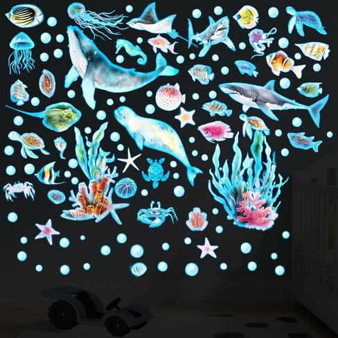 Glow in The Dark Ocean Wall Decals, 4 Sheets Underwater Sea Animal Stickers (Dolphin, Turtle, Jellyfish), Self-Adhesive Kids Bedroom Decor for Boys & Girls, Blue Glow Nursery Wall Art (7.8x11.8in) in Saudi Arabia