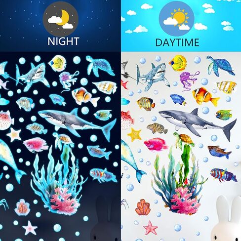 Glow in The Dark Ocean Wall Decals, 4 Sheets Underwater Sea Animal Stickers (Dolphin, Turtle, Jellyfish), Self-Adhesive Kids Bedroom Decor for Boys & Girls, Blue Glow Nursery Wall Art (7.8x11.8in) in Saudi Arabia