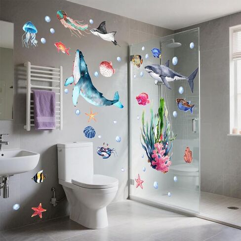 Glow in The Dark Ocean Wall Decals, 4 Sheets Underwater Sea Animal Stickers (Dolphin, Turtle, Jellyfish), Self-Adhesive Kids Bedroom Decor for Boys & Girls, Blue Glow Nursery Wall Art (7.8x11.8in) in Saudi Arabia
