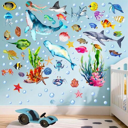 Glow in The Dark Ocean Wall Decals, 4 Sheets Underwater Sea Animal Stickers (Dolphin, Turtle, Jellyfish), Self-Adhesive Kids Bedroom Decor for Boys & Girls, Blue Glow Nursery Wall Art (7.8x11.8in) in Saudi Arabia