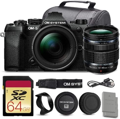 OM SYSTEM OM-5 Mark II Mirrorless Camera with 12-45mm f/4 PRO Lens Bundle | 20MP Sensor, 5-Axis IBIS, Weather-Sealed Body & 4K Video | For Travel & Outdoors (V210071BU000) + 64GB Card + Battery + More in Kuwait