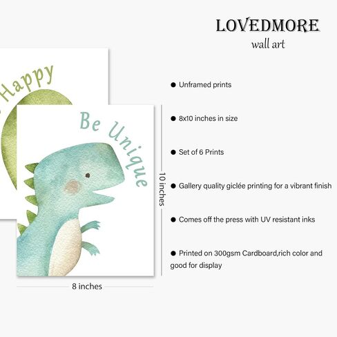 LOVEDMORE Dinosaur Wall Art Prints | Dinosaur Room Decor for Boys & Toddlers | UNFRAMED 8x10 Inch Set of 6 in Kuwait