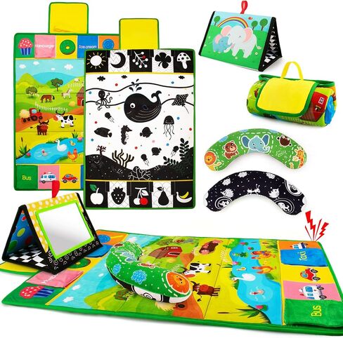 Tummy Time Mirror & Play Mat & Pillow 3-in-1, High Contrast Baby Toys | Black and White Activity Mat for Early Education, Newborn Infant Tummy Time Toy Set for 0 3 6 12 Month Crinkle Squeake in Kuwait