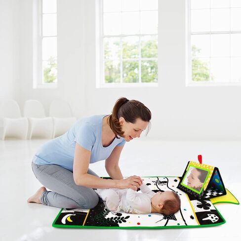 Tummy Time Mirror & Play Mat & Pillow 3-in-1, High Contrast Baby Toys | Black and White Activity Mat for Early Education, Newborn Infant Tummy Time Toy Set for 0 3 6 12 Month Crinkle Squeake in Kuwait