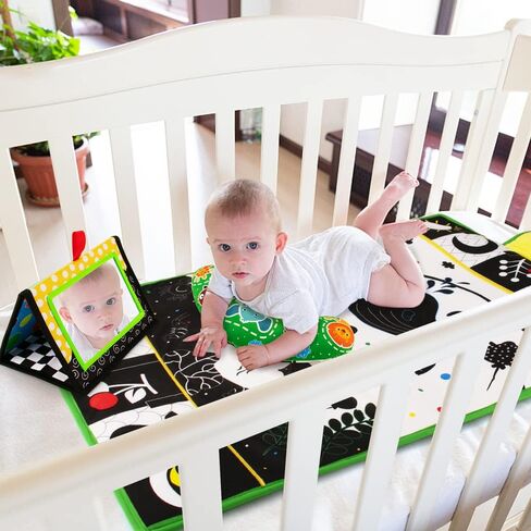 Tummy Time Mirror & Play Mat & Pillow 3-in-1, High Contrast Baby Toys | Black and White Activity Mat for Early Education, Newborn Infant Tummy Time Toy Set for 0 3 6 12 Month Crinkle Squeake in Kuwait