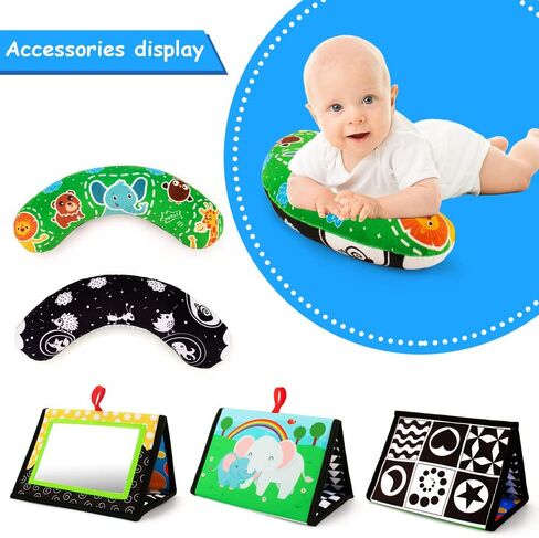 Tummy Time Mirror & Play Mat & Pillow 3-in-1, High Contrast Baby Toys | Black and White Activity Mat for Early Education, Newborn Infant Tummy Time Toy Set for 0 3 6 12 Month Crinkle Squeake in Kuwait