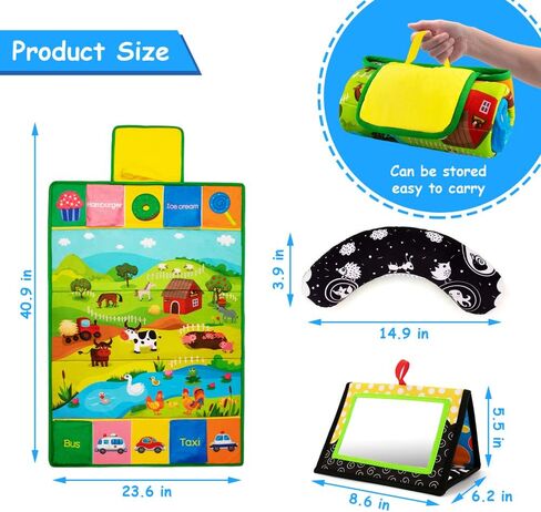 Tummy Time Mirror & Play Mat & Pillow 3-in-1, High Contrast Baby Toys | Black and White Activity Mat for Early Education, Newborn Infant Tummy Time Toy Set for 0 3 6 12 Month Crinkle Squeake in Kuwait